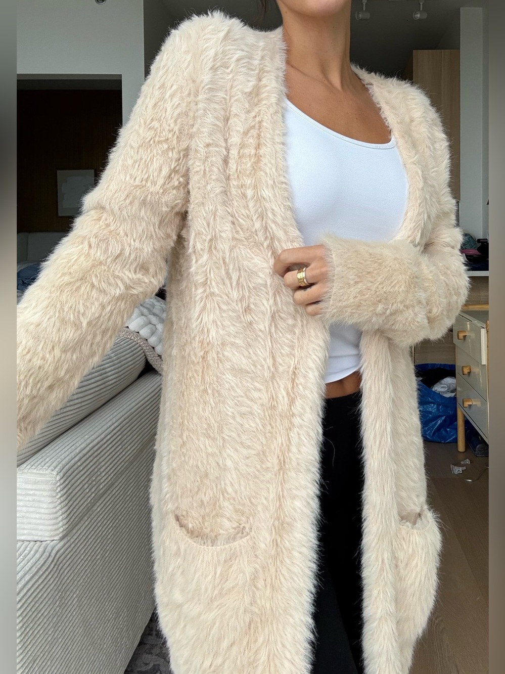 Free People Cream Plush Fuzzy Open-Front Cardigan